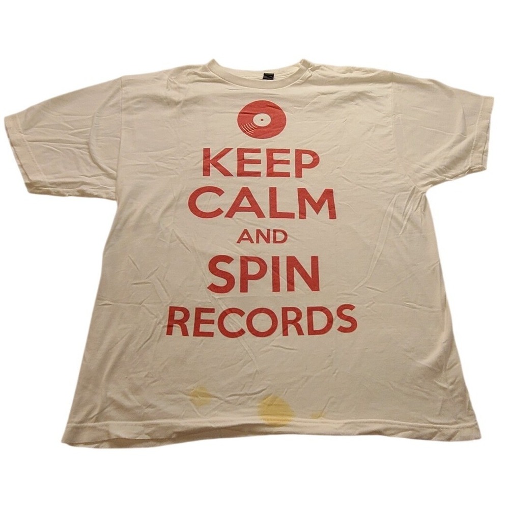 Tultex Keep Spin Records Graphic T-Shirt White Red Vinyl Music Tee Men's Large